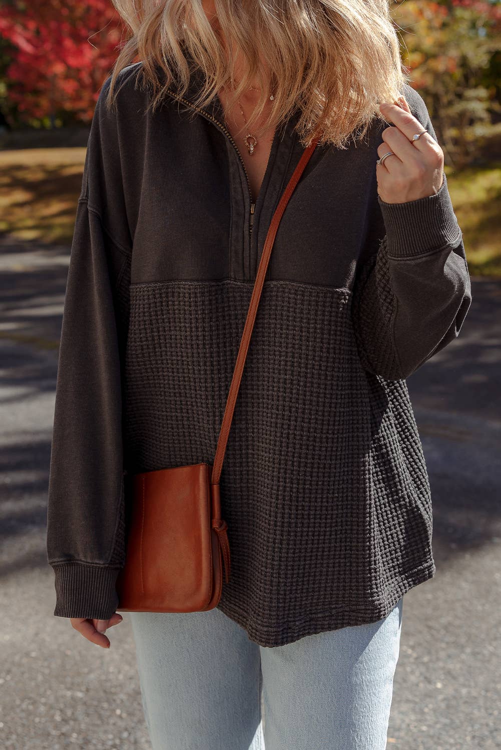 Carbon Grey Waffle Knit Patchwork Half Zipped Casual Sweatshirt for wholesale on Faire3