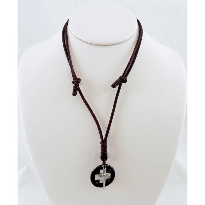 Pewter Cross & Circle Pendant Leather Choker for wholesale by Peaceful Village Inc.