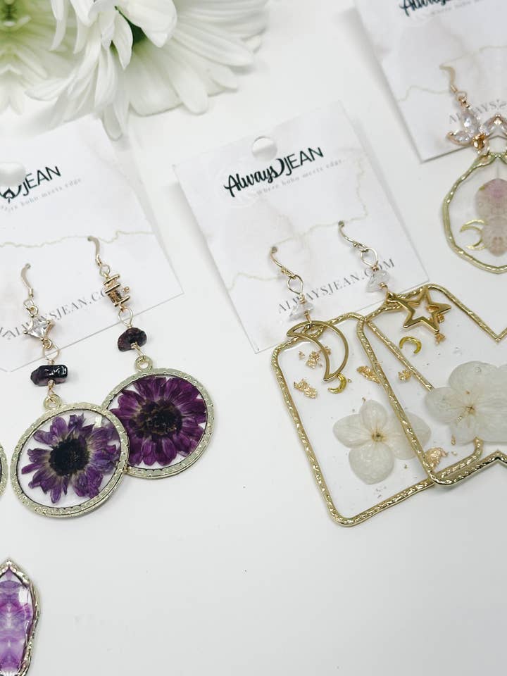 Pressed Flower Gold Dangle Earrings for wholesale by AlwaysJean
