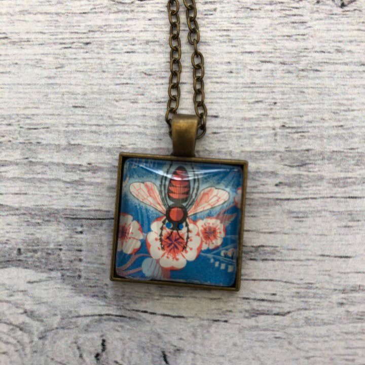 Postage Stamp Jewelry - Wholesale Pendant/Charm Necklace - 1963 Romanian Bee Stamp - Postage Stamp Jewelry - Vintage Postage Stamp Necklace - Antique Bronze