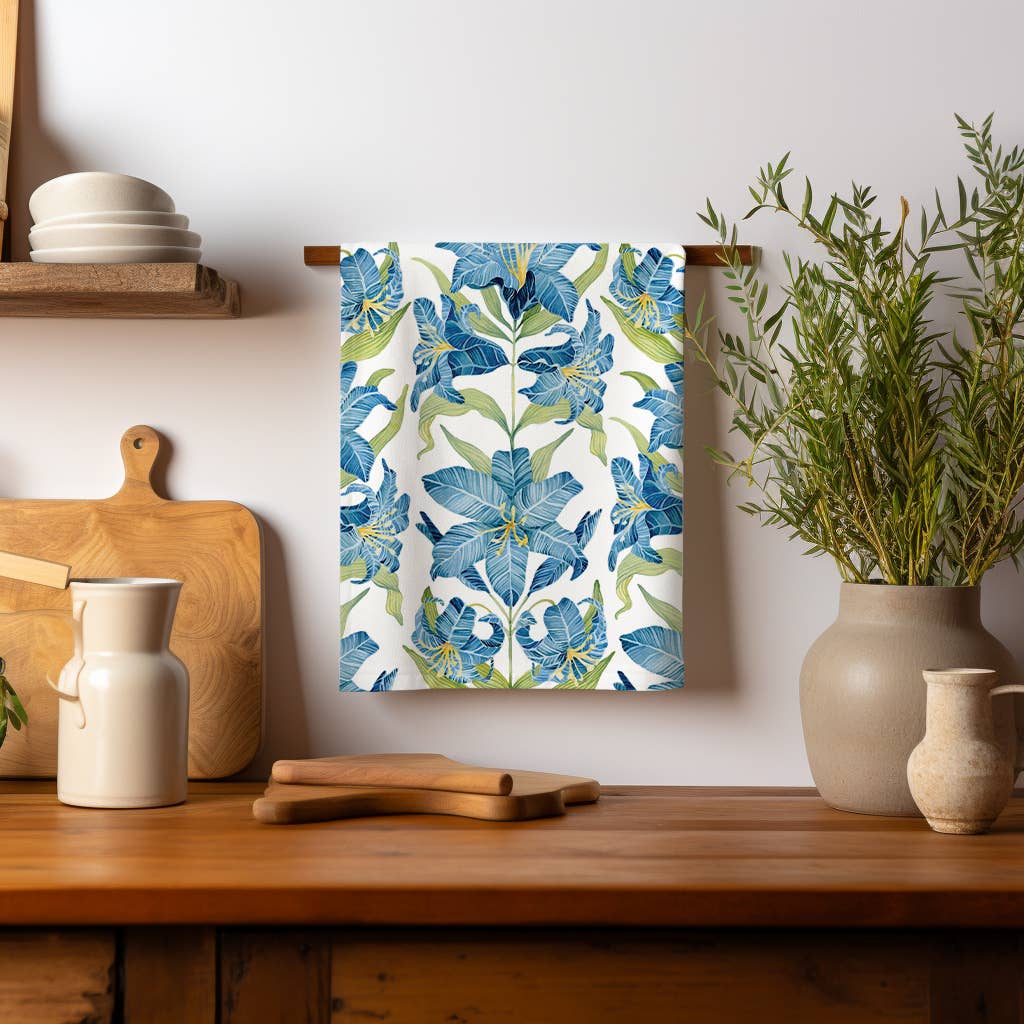 Sarah Rose - Wholesale Tea Towel - Blue Lilies Organic Linen Tea Towel