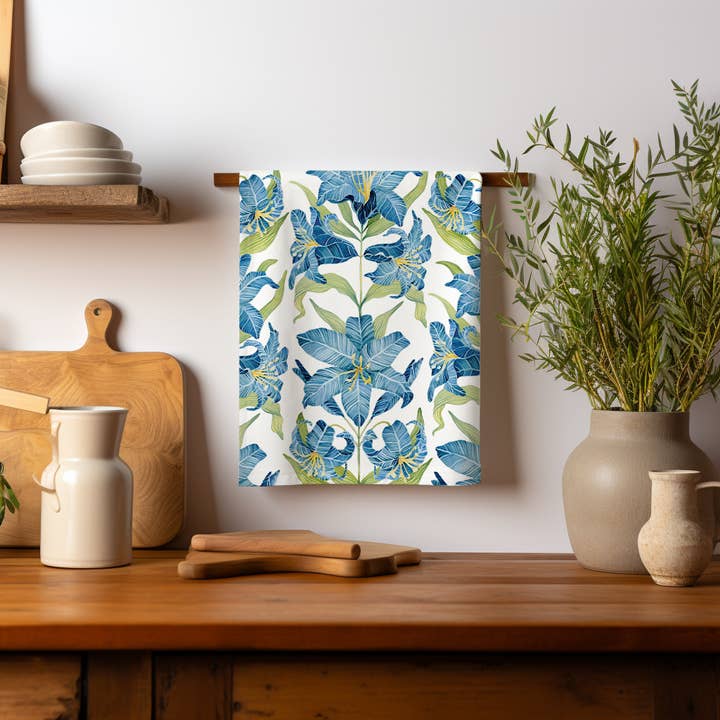 Blue Lilies Organic Linen Tea Towel for wholesale by Sarah Rose