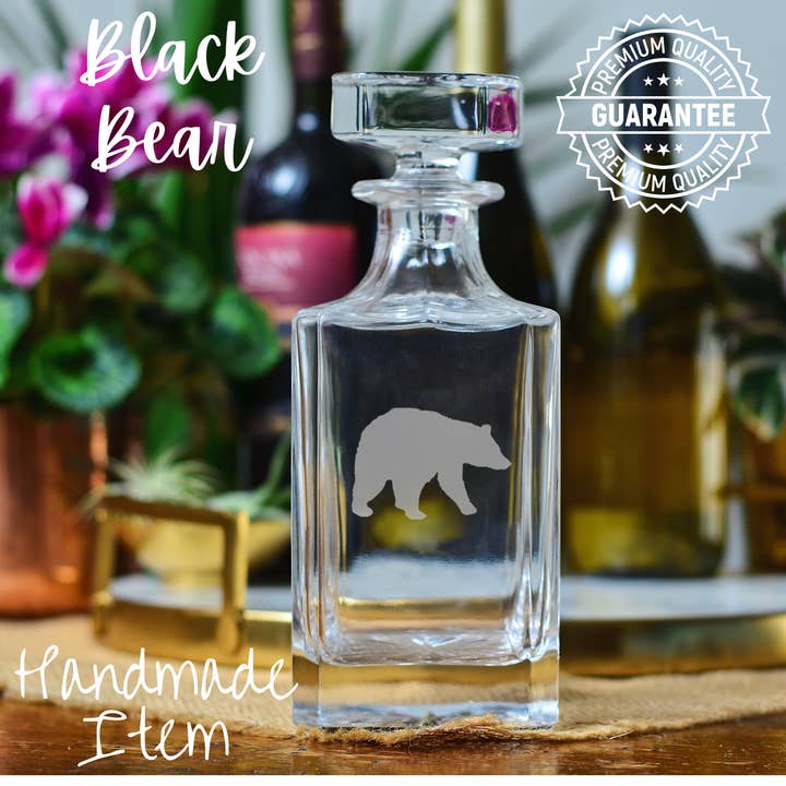 Honeysuckle Home - Wholesale Decanter - Black Bear Etched Glass Whiskey Decanter