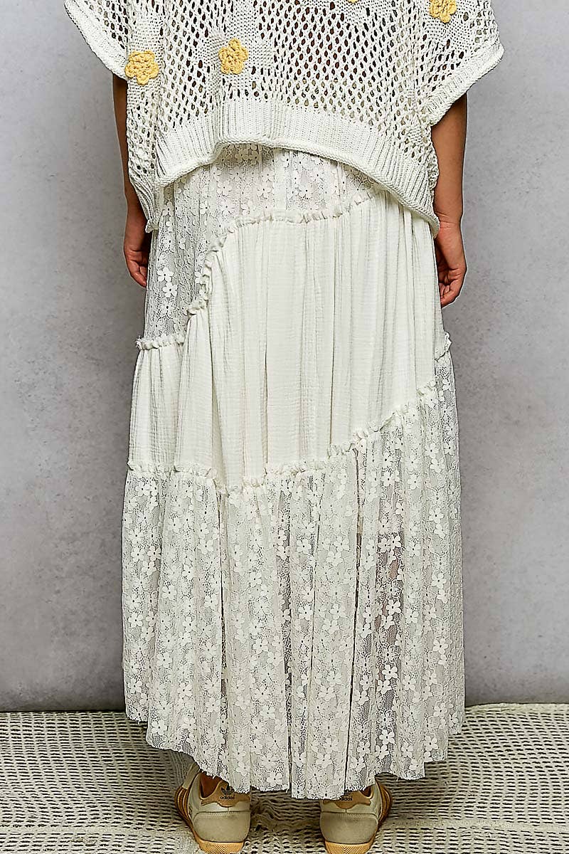 Pol Clothing - Wholesale Skirt - Women's - Double gauze raw edge lace patch solid maxi skirts13