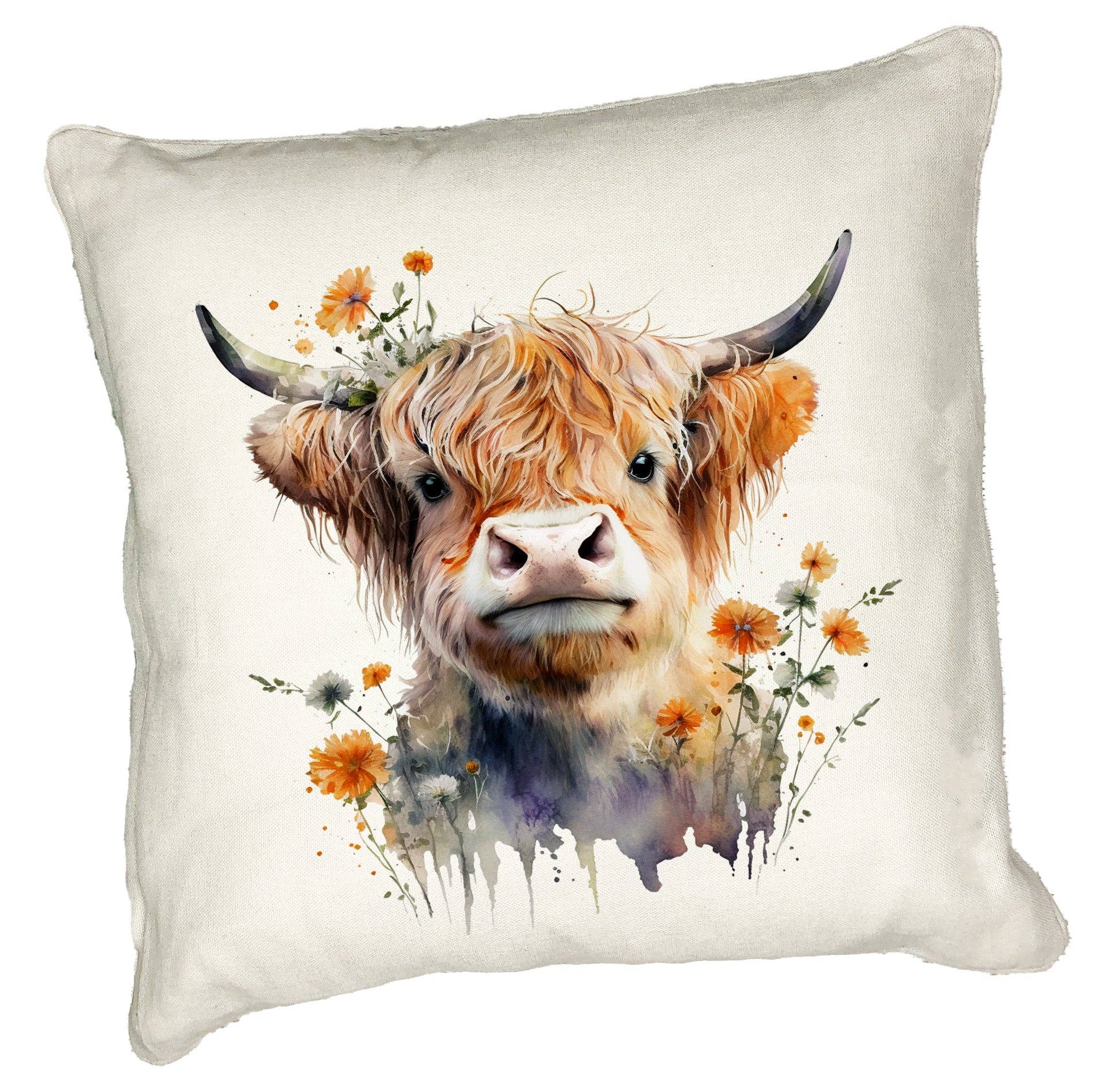 Noble & Page – wholesale Throw/decorative pillow – Highland Cow Cushion Watercolour Floral Crown Design2