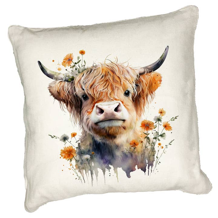 Noble & Page – wholesale Throw/decorative pillow – Highland Cow Cushion Watercolour Floral Crown Design2