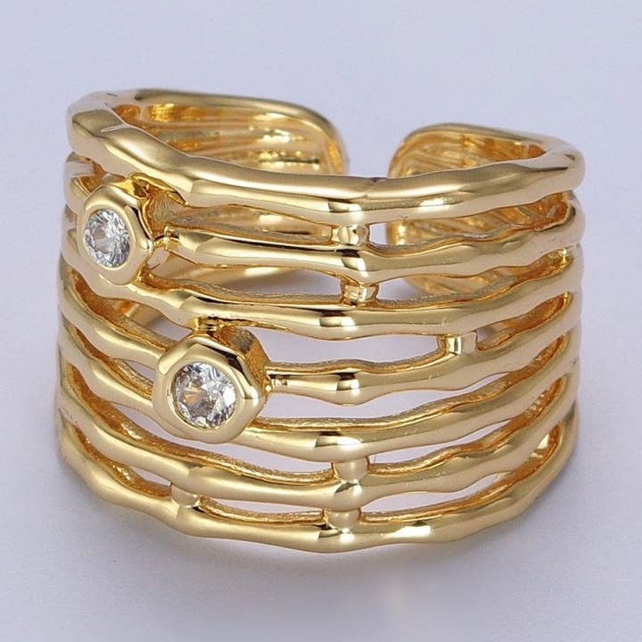 Gold Wide Multiple Bamboo Geometric CZ Band Statement Ring | O-068 for wholesale by Aim Eternal