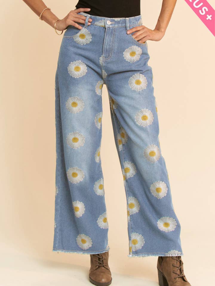 PLUS DAISY POCKET WIDE OPENING DENIM PANTS JEANS for wholesale on Faire