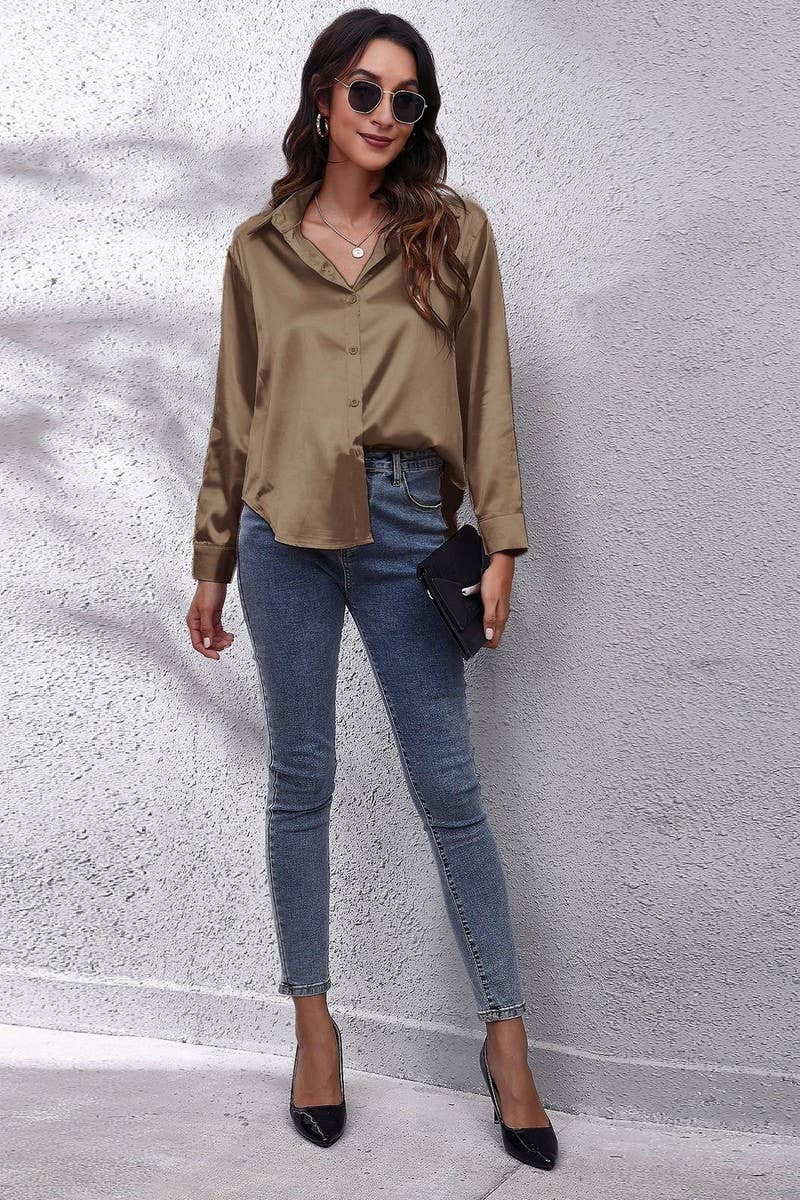 NINEXIS - Wholesale Button Down Shirt - Women's - CWTBLL0691_Button Down Silky Satin Long Sleeve Top65