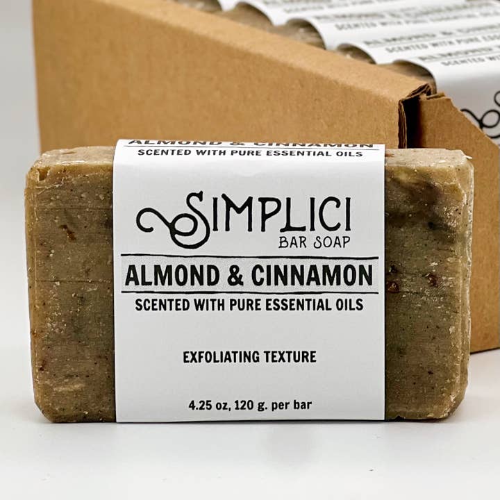 SIMPLICI Almond, Cinnamon & Oatmeal Natural Soap.4.75 oz bar for wholesale by Simplici Soap Factory