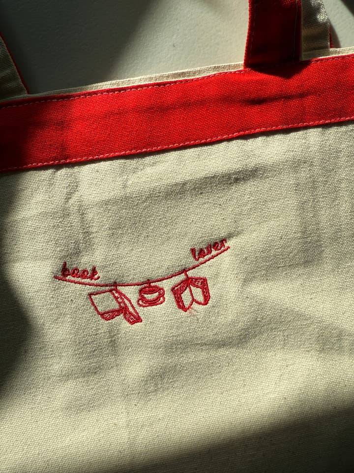 Minimalist Book Lover Embroidered Tote for wholesale by Tale & Thread LLC