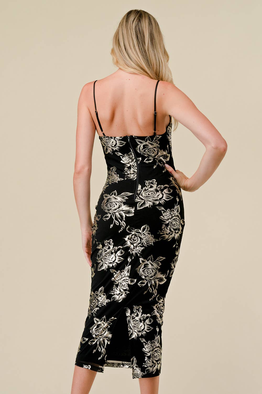 Noir/Or CD41180 : ROBE MIDI EN DENTELLE À IMPRIMÉ FLORAL ET COL EN CŒUR en vente sur Faire3