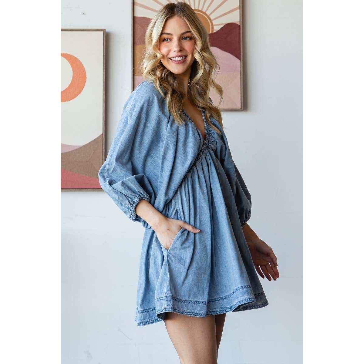 Veveret – wholesale Dress – Women's – V-neck Puff Sleeve Denim Short Dress14