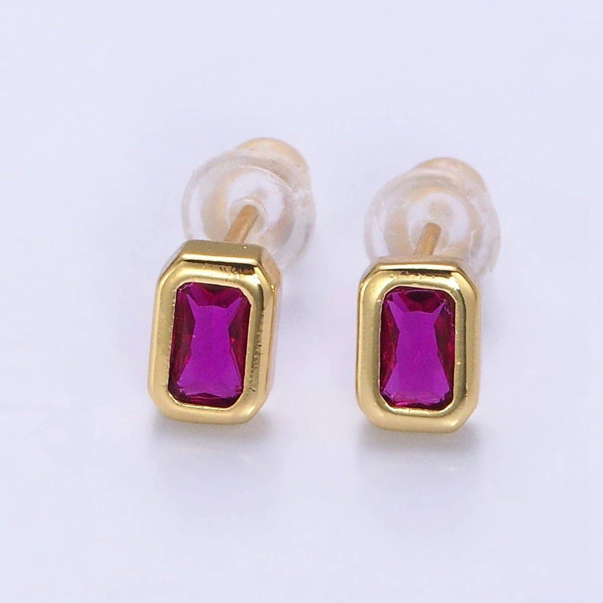 Aim Eternal - Wholesale Stud/Post Earrings - 14K Gold Filled Blue, Clear, Fuchsia, Red, Pink Multifaceted Baguette CZ Bezel Stud Earrings | AD-448~AD-4522