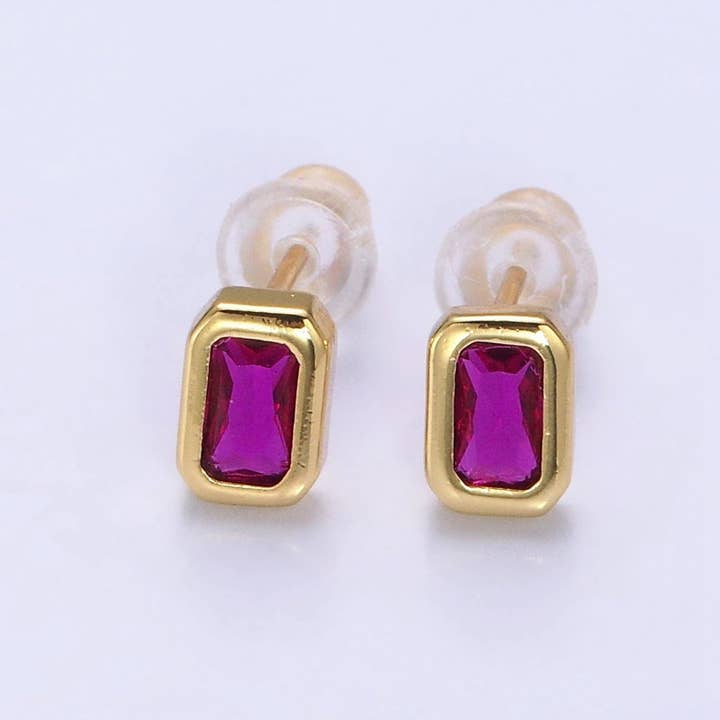 Aim Eternal - Wholesale Stud/Post Earrings - 14K Gold Filled Blue, Clear, Fuchsia, Red, Pink Multifaceted Baguette CZ Bezel Stud Earrings | AD-448~AD-4522