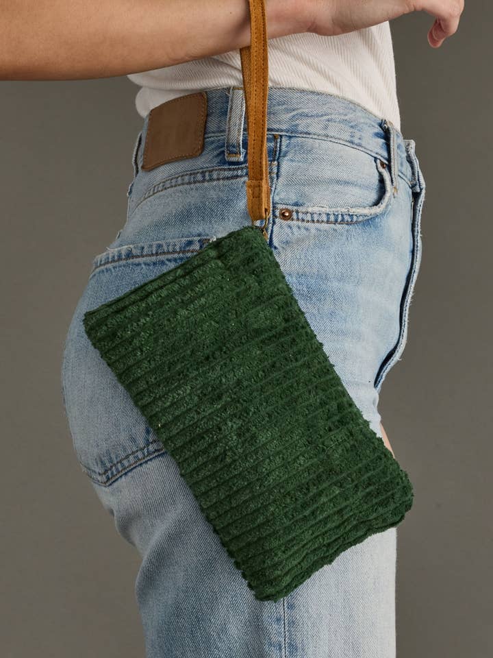 Dk. Green Corduroy Wristlet for wholesale by Panache Apparel Co.