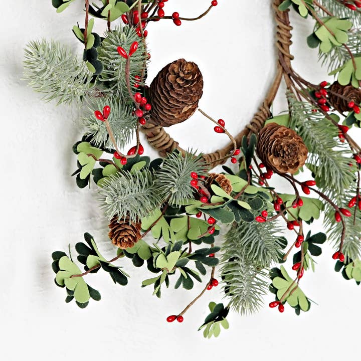Impressive Enterprises, Inc. - Wholesale Wreath - 31592-16in(6.5)Wreath-Needle pines w.snap leaves red pips