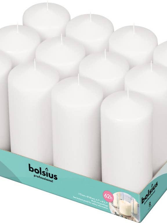 Candele a colonna Horeca 17x7 cm, confezione da 12, bianche per la vendita all'ingrosso da parte di Sfeerpunt