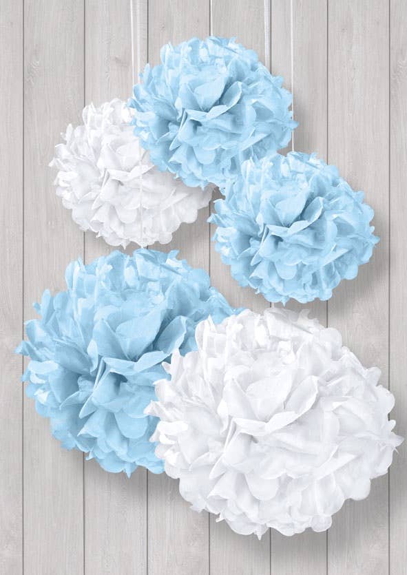 Hootyballoo by Club Green – wholesale Decal – Party decorations – Blue & White Pom Poms 5 Pack0