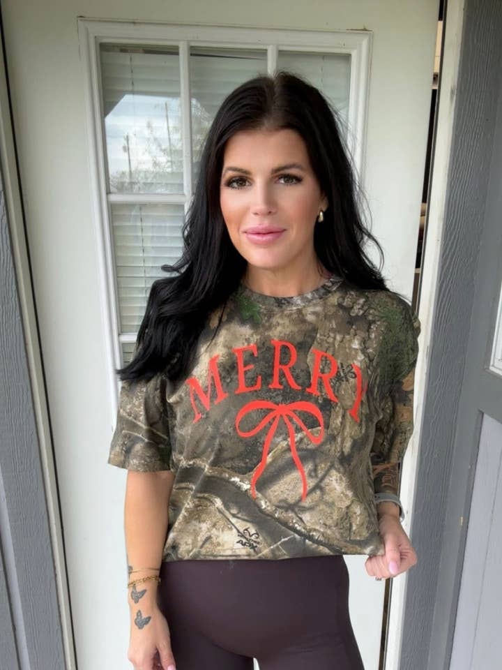 Merry bow camo tee for wholesale by Sugar & Velvet Collective Wholesale