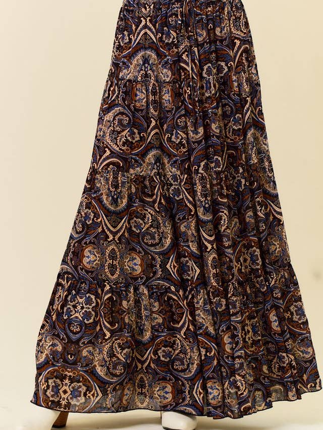Saints & Hearts - Wholesale Skirt - Women's - SS1147O BLACK/TAUPE PAISLEY PRINT TIERED MAXI SKIRT