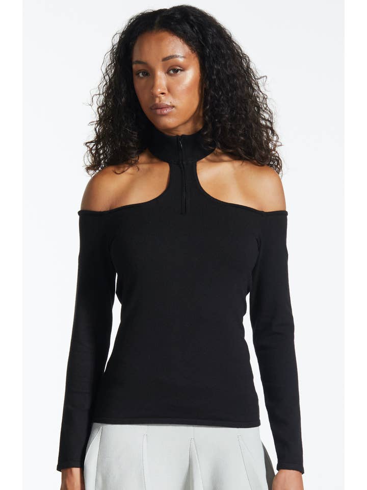Black Long Sleeve Choker Neck Sweater with Zipper for wholesale on Faire7