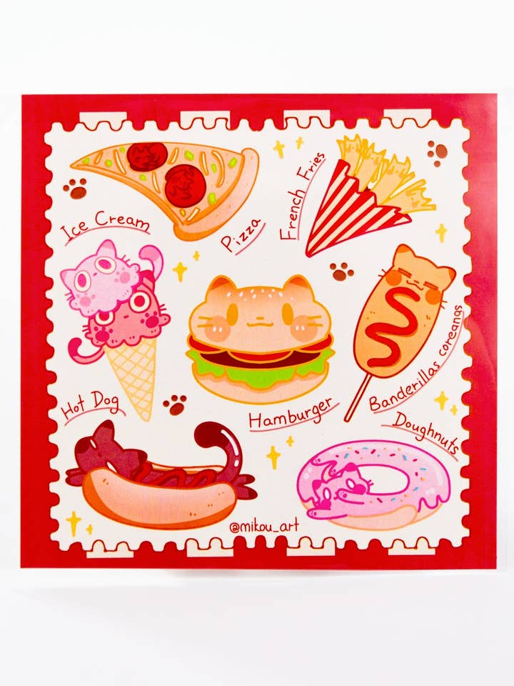 Whimsical Fastfood Cat Collage Vinyl Sticker Sheet | 5.5x5.5 inch | Mikou Original Art for wholesale by MikouArt