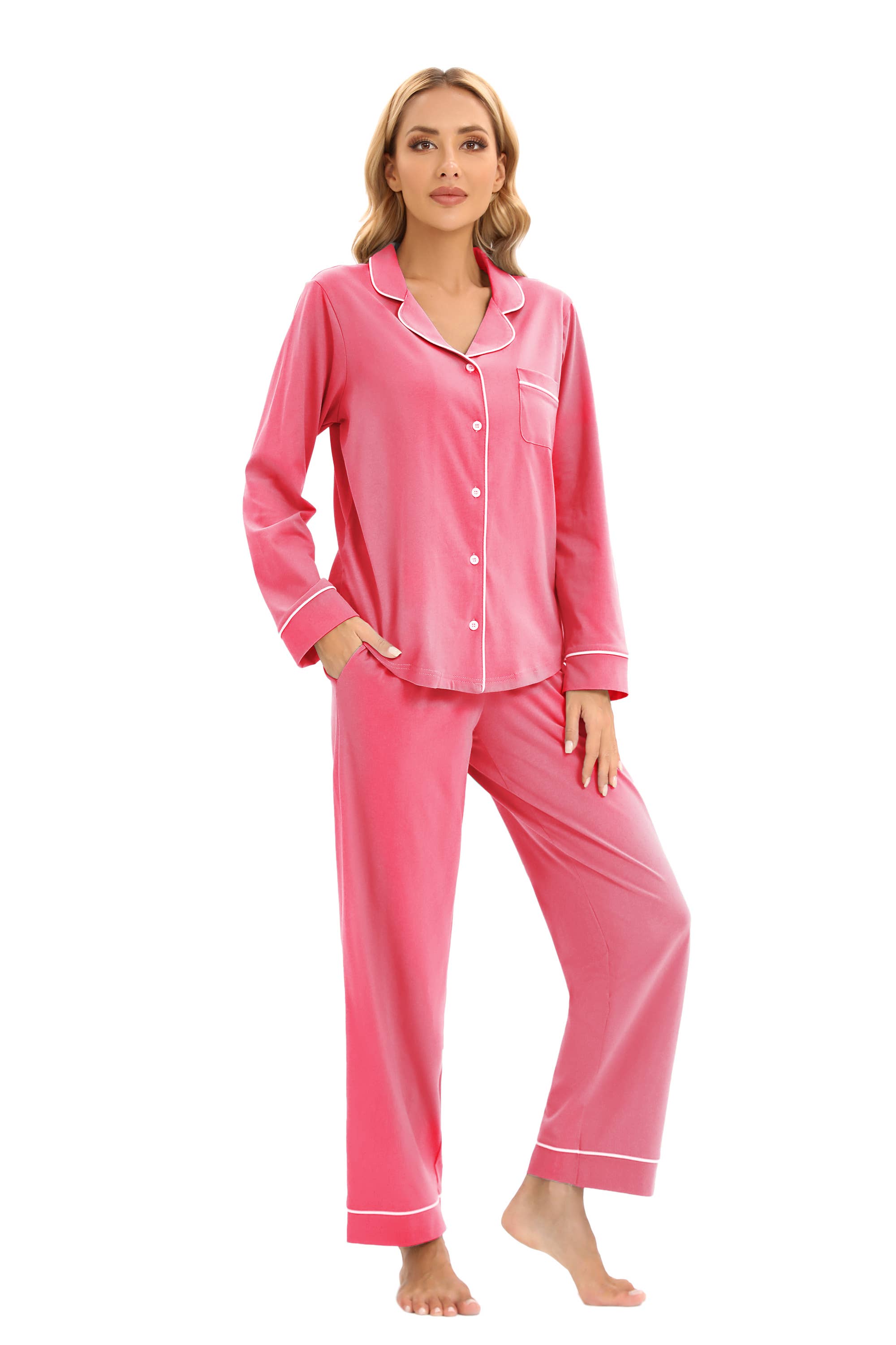 GEXWORLDWIDE - Vente Haut et bas de pyjama – femme - Ensemble de pyjama femme 100 % coton à manches longues multicolore15
