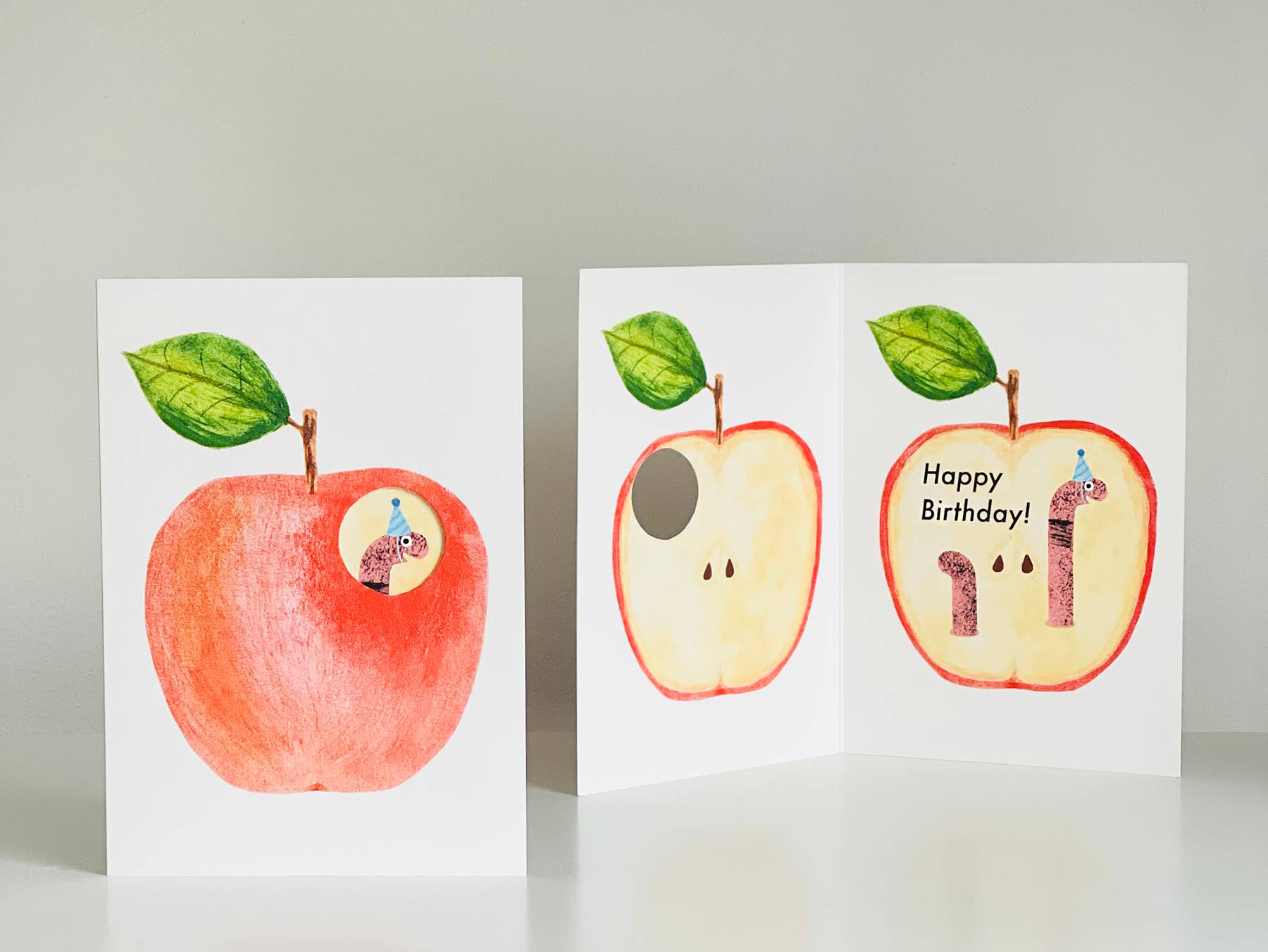Yes! Paper Goods - Wholesale Birthday Card - New! Happy Birthday Apple + Worm Die Cut Hole Greeting Card1