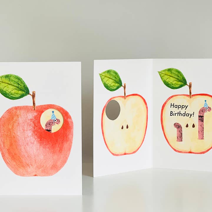 Yes! Paper Goods - Wholesale Birthday Card - New! Happy Birthday Apple + Worm Die Cut Hole Greeting Card1