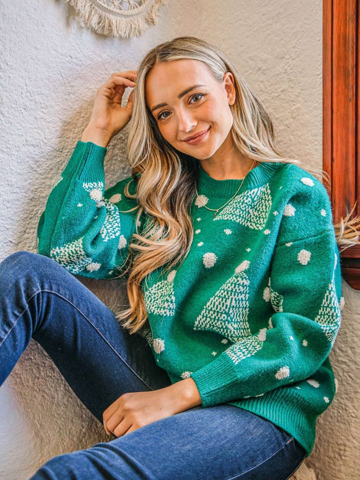 AND THE WHY - Wholesale Knit Sweater - Women's - ATW14834 - Holiday Tree Pompom Sweater - Festive Design