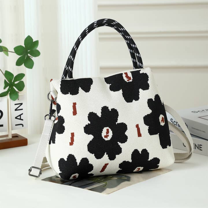 Black Daisy - Fabric top handle crossbody bag for wholesale by Shine Mark Accessories