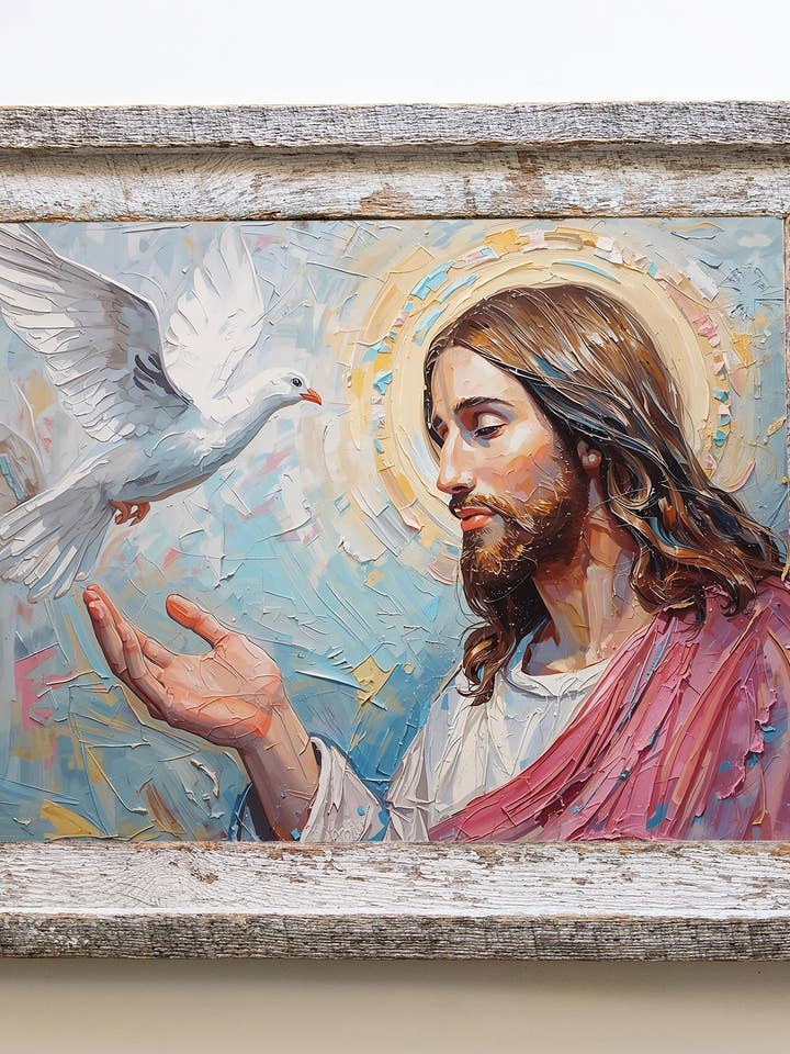 Hand-Made Weathered Oak Framed Jesus and Dove Print for wholesale by Heaven & Home