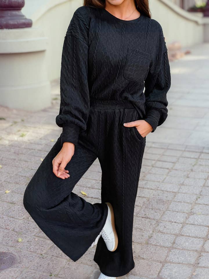 Textured Chest Pocket Long Sleeve Top 2Pcs Pants Set for wholesale by 1 the Woman