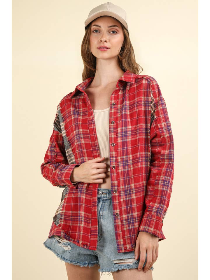 VERY J - Wholesale Button Down Shirt - Women's - NT11681-Contrast Plaid Detail Casual Shirt Top