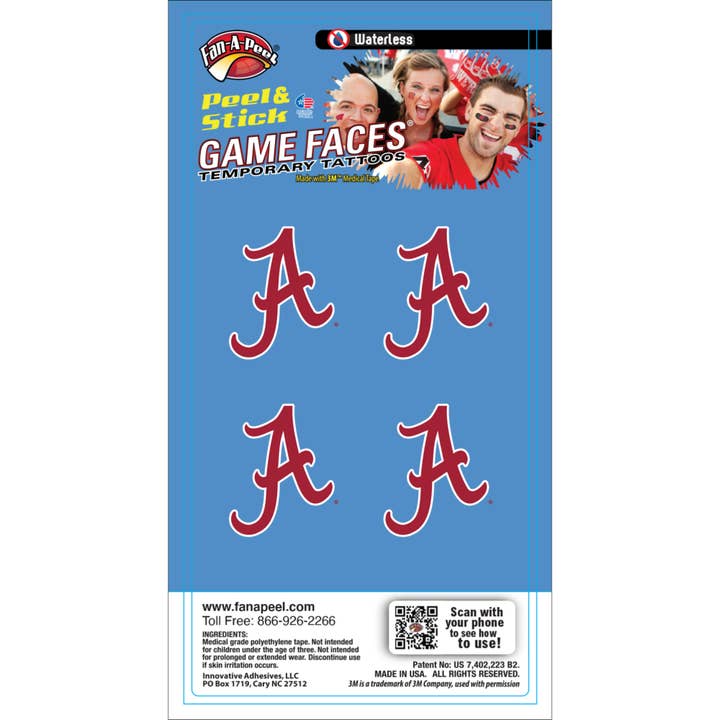Tatuaggi temporanei Alabama Game Faces® per la vendita all'ingrosso da parte di Fanapeel / Gamefaces