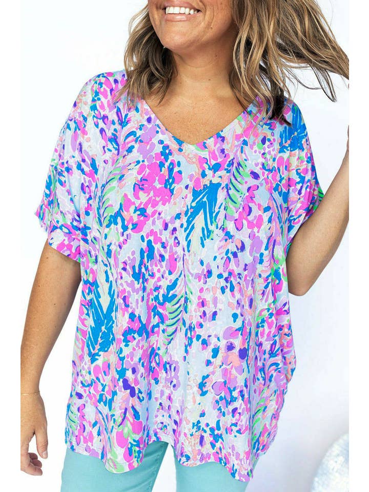 MULTI Plus Size Plant Print V Neck T-shirt for wholesale on Faire1