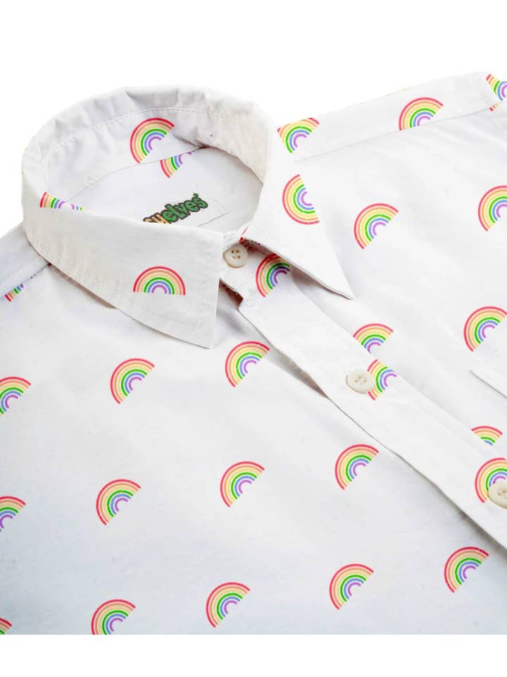 Tipsy Elves - Wholesale Button Down Shirt - Unisex - White Rainbow All The Way Hawaiian Shirt - Pride Button Down