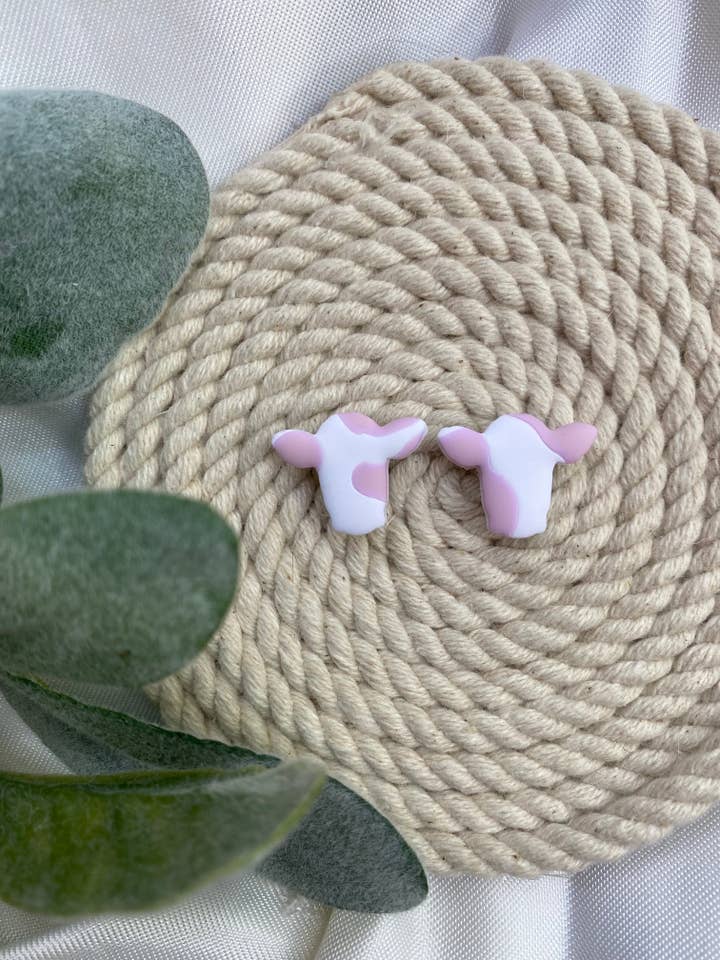 Pink and White Cow Stud Earrings, Stainless Steel for wholesale by Rachel Ray Co