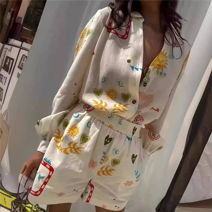 PRINTING Floral Print Long Sleeve Shirt And Shorts Set for wholesale on Faire1