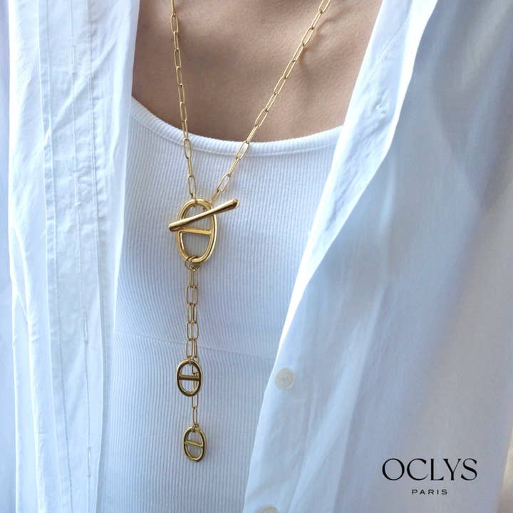 Oclys - Wholesale Y-Neck/Lariat Necklace - Iria long necklace Y chain gold stainless steel
