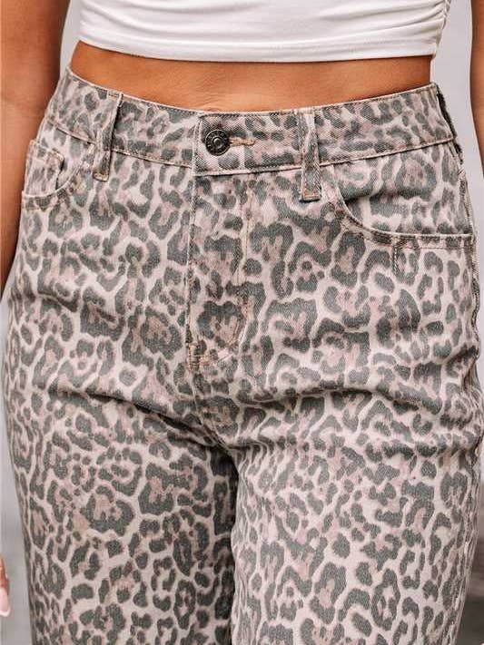 ElevateWell - Wholesale Jeans - Women's - High Waist Leopard Print Straight Leg Jeans