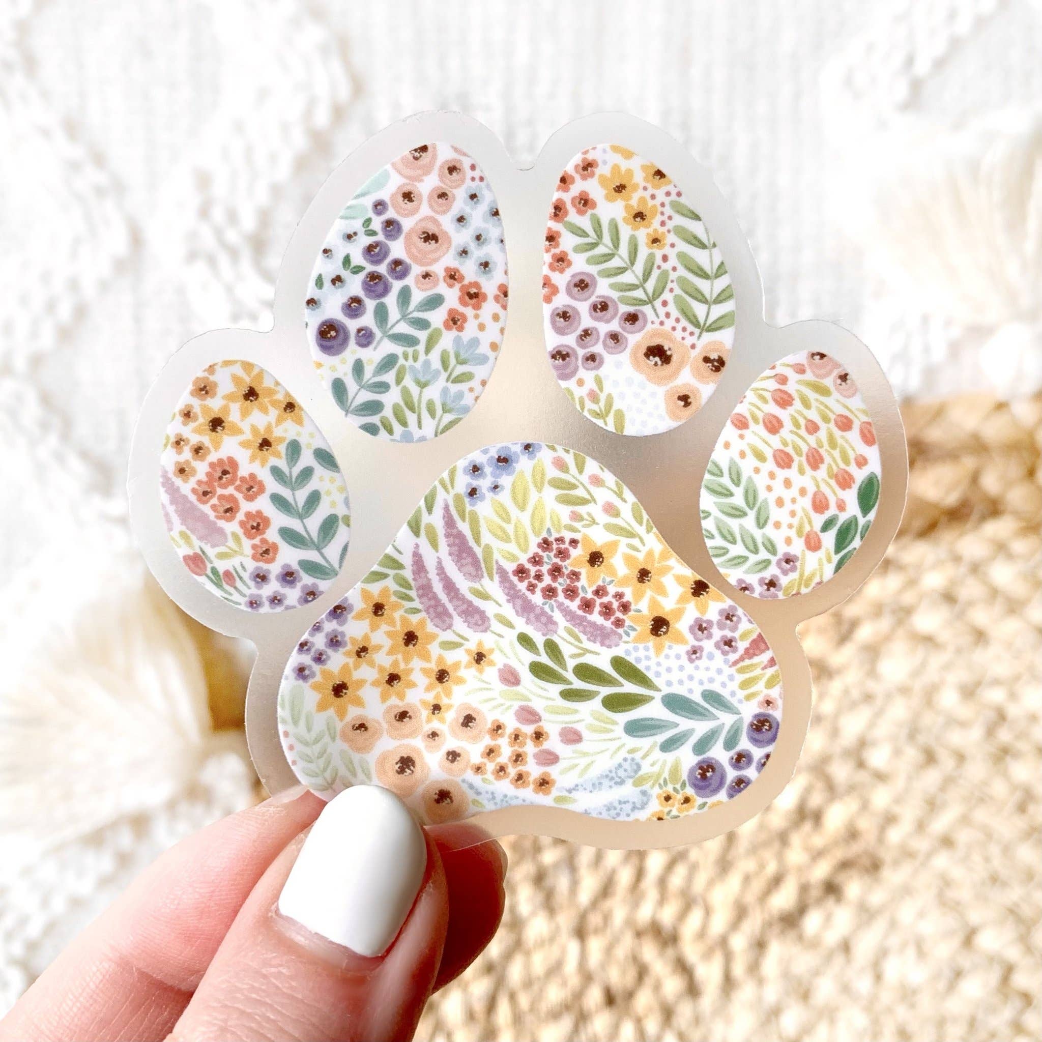 Elyse Breanne Design - Wholesale Sticker - Clear Floral Paw Print Sticker, 2.75x2.75 in.