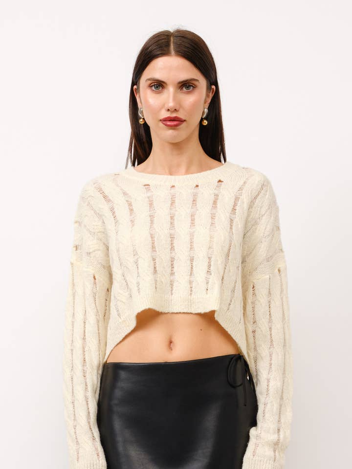 Ivoire Pull court en tricot torsadé Adrian - Ivoire en vente sur Faire