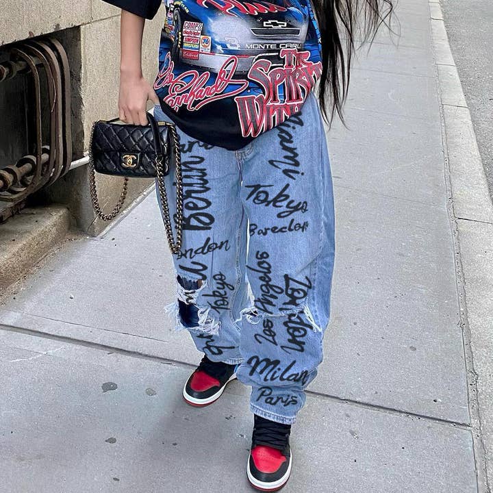 Tourtiwi - Wholesale Jeans - Women's - Distressed brushed letters print hip-hop jeans