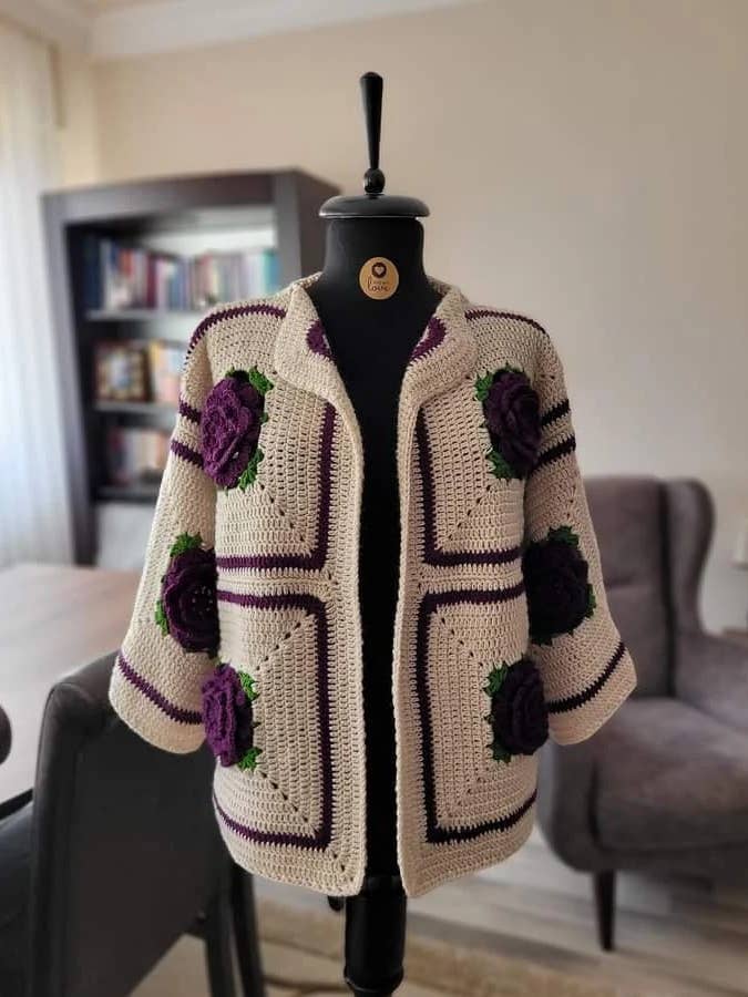 Crochet Rose Cardigan in Beige for wholesale by Design company-Fatma Balkir