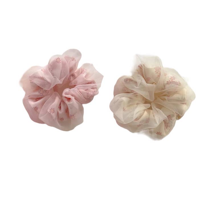 Large Pink Beige Twin Pack Fashion Women’s Flower Hair Accessory Scrunchie for wholesale by Ava’s Accessory Box