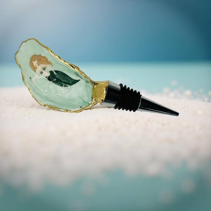 Seafoam Mermaid Oyster Shell Wine Stopper – Gold Rim for wholesale by Shell Yeah By Jaks LLC