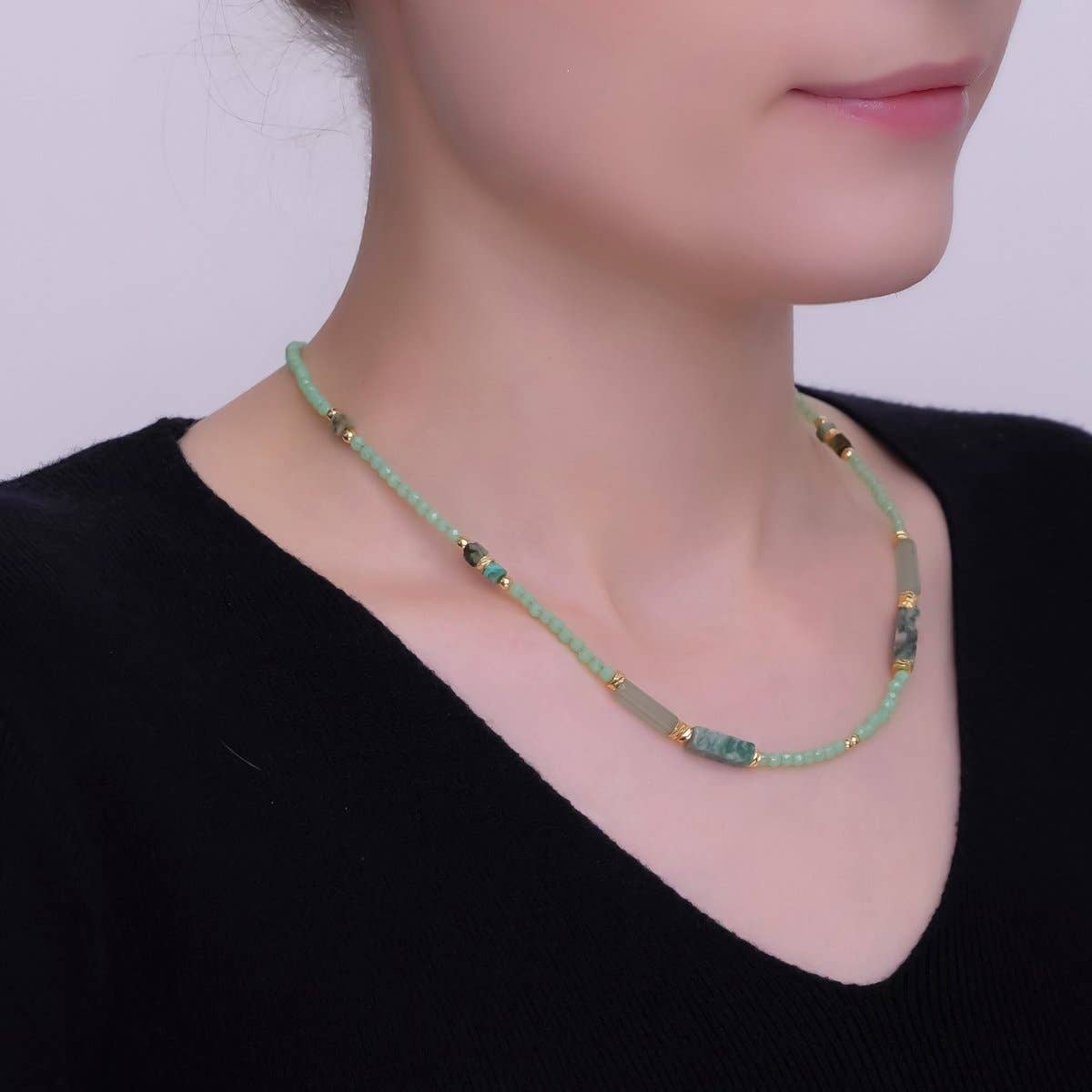 Aim Eternal - Wholesale Beaded/Pearl Necklace - 24K Gold Filled Green Malachite Gemstone Bead 17 Inch Necklace | WA-29661