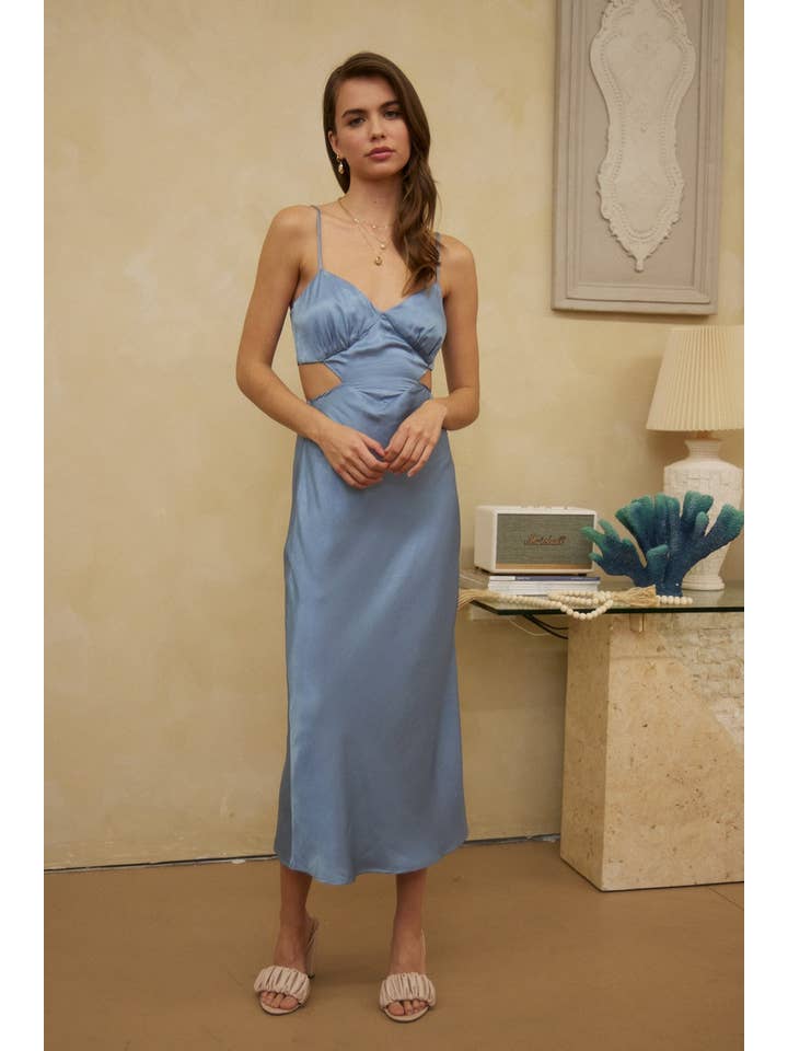Endless Blu - Wholesale Dress - Women's - JD6470 STRAPPY WAIST CUT OUT MIDI SATIN DRESS